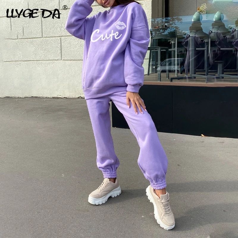 

Women's Two Piece Set Casual Fleece Tracksuit Winter 2021 Women Set Oversized Hooded Long Sleeve Hoodie Sport Pants Lady Suit