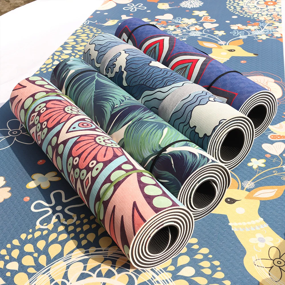 

Коврик для йоги из ТПЭ 1830*610*6 мм с позиционной линией, нескользящий коврик, Женский экологичный гимнастический коврик с принтом для фитнеса