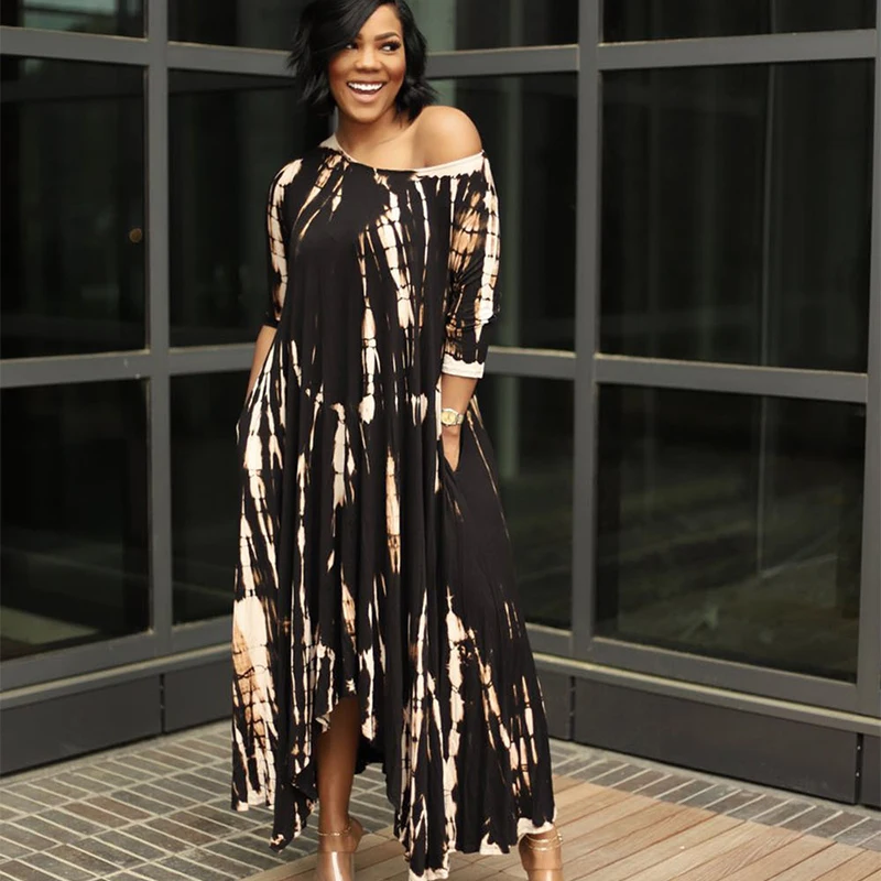 

Summer Casual Long Dress Women 3/4 Sleeve Vintage Loose Female Beach Boho New Split Wide Neck Tie-Dye Dress Pockets