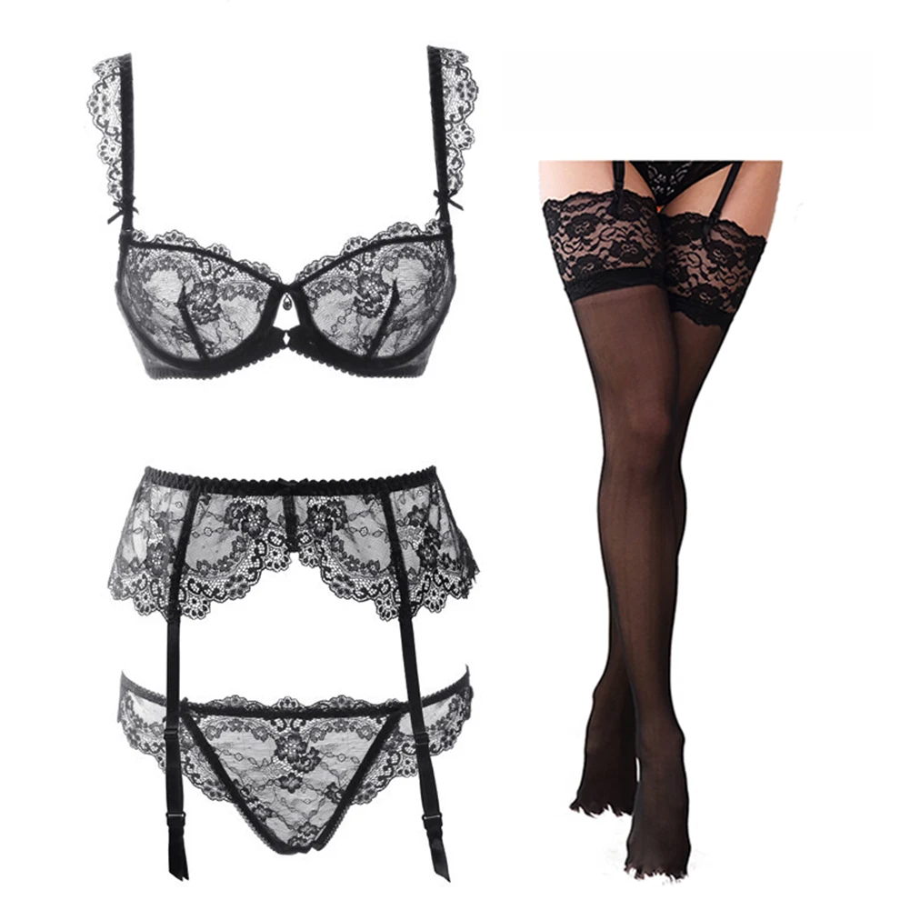

Varsmiss 4Pcs Sexy Thin Lace Bra Set See Thruogh Underwire Bra+Panties+Garter+Stockings Large Size Underwear Set