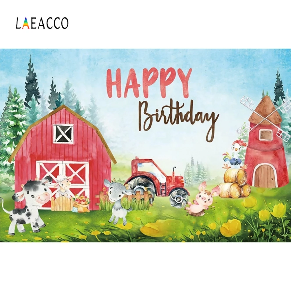 

Laeacco Cartoon Farm Photo Backgrounds House Tree Grassland Windmill Livestock Photography Backdrops Baby Birthday Photophone