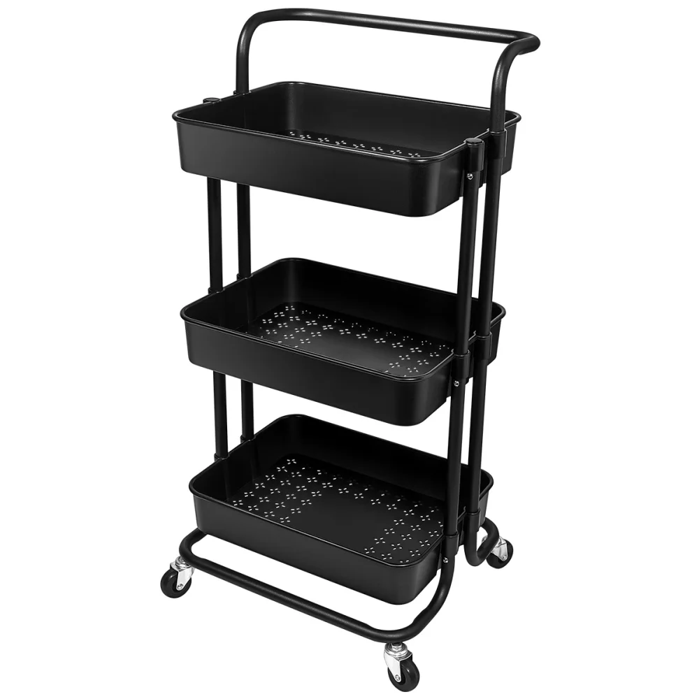 

HOMEMAXS 3 Tier Utility Cart Rolling Metal Organizer Cart Storage Shelves with Handle and Wheels (Black)