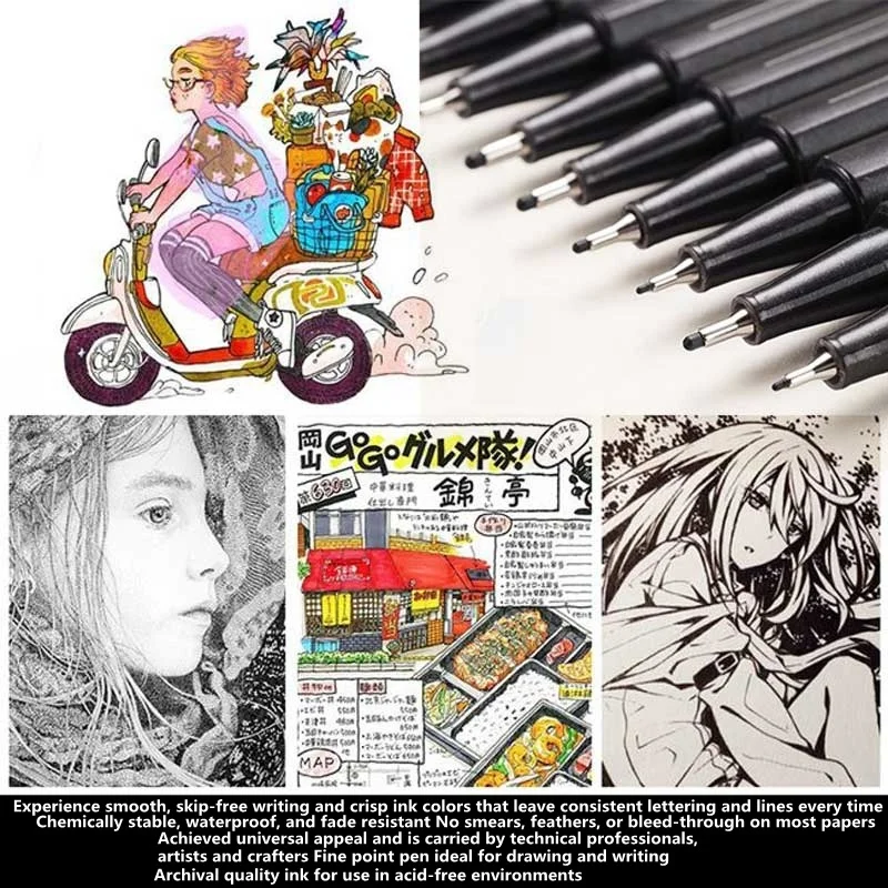 

10Pcs/set Pigment Liner Micron Ink Marker Pen 0.05 0.1 0.2 0.3 0.4 0.5 Brush Tip Black Fineliner Sketching Manga Drawing Pen