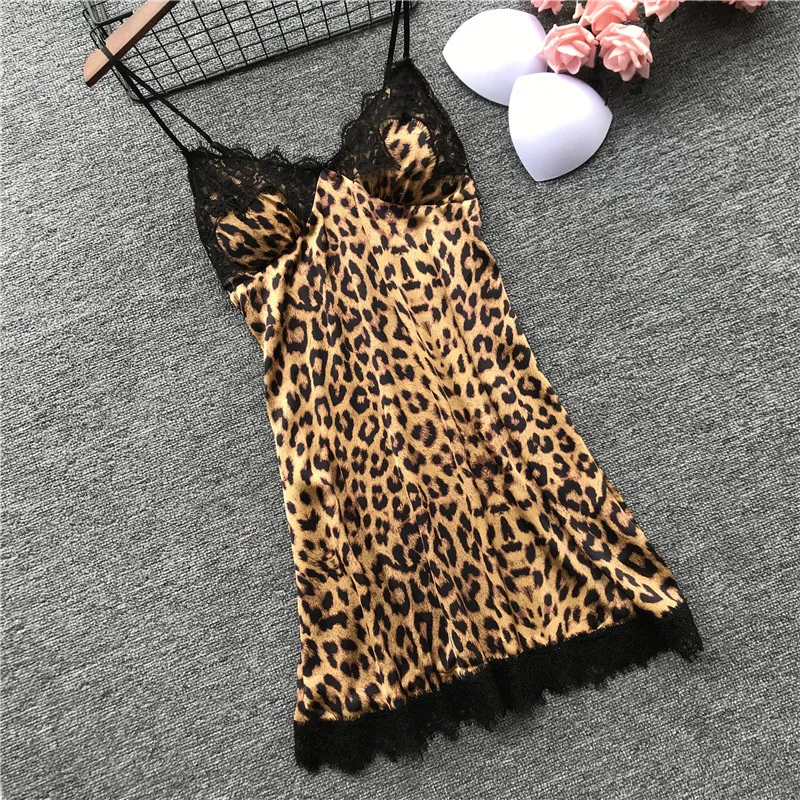 

Sexy Women Sleepwear Pajamas With Chest Pad Leopard Print Nightgown Pyjama Lace Indoor Clothing 4 Piece Pijamas Set Home Clothes