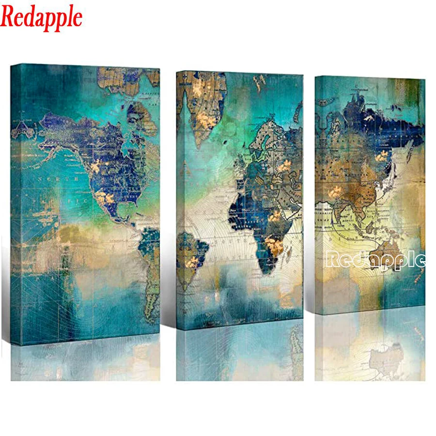 

Diamond Painting Cross Stitch Embroidery, Full Square or Round Drill, Mosaic Home Decor, Green World Map Picture, DIY, 5D, 3 Pcs