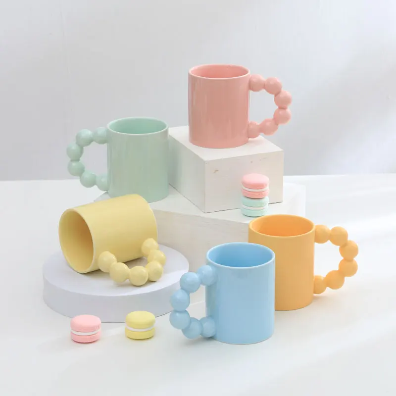 

Cute Candy Colors Ceramic Mugs With Beads Handle Creative Coffee Cups Drinkware Milk Tea Mug Cup Beautiful Wedding Birthday Gift