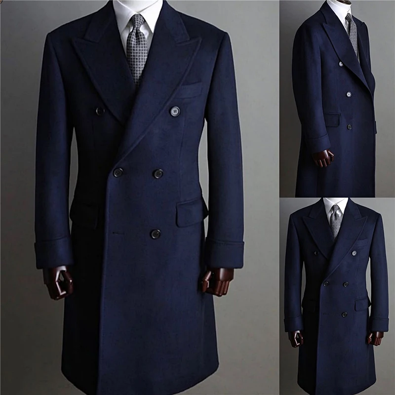 

Navy Blue Men Jacket Tweed Wool Blend Trench Winter Long Coat Doubel Breasted Overcoat Daily Abrigo Largo Hombre Groom Blazer