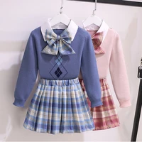 girls autumn clothing sets long sleeve sweater plaid skirt 2pcs for kids preppy style clothing suit bow baby clothes outfits