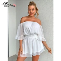 off shoulder ruffles white jumpsuit women high waist backless half casual palysuit summer daily ellegant beach holiday jumpsuits