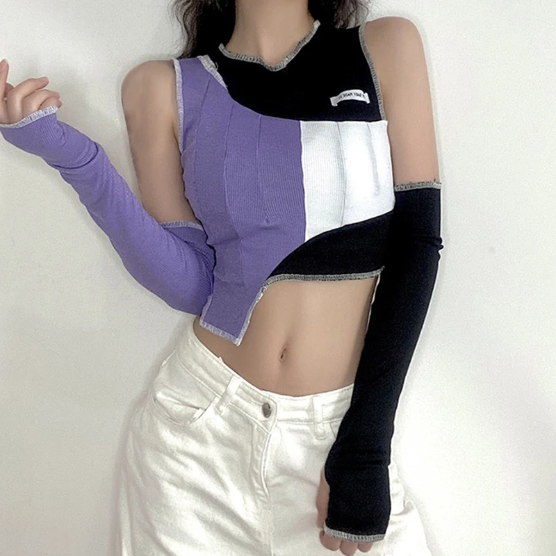 

Women's Fashion Contrast Color Round Neck Irregular Slim Top Purple