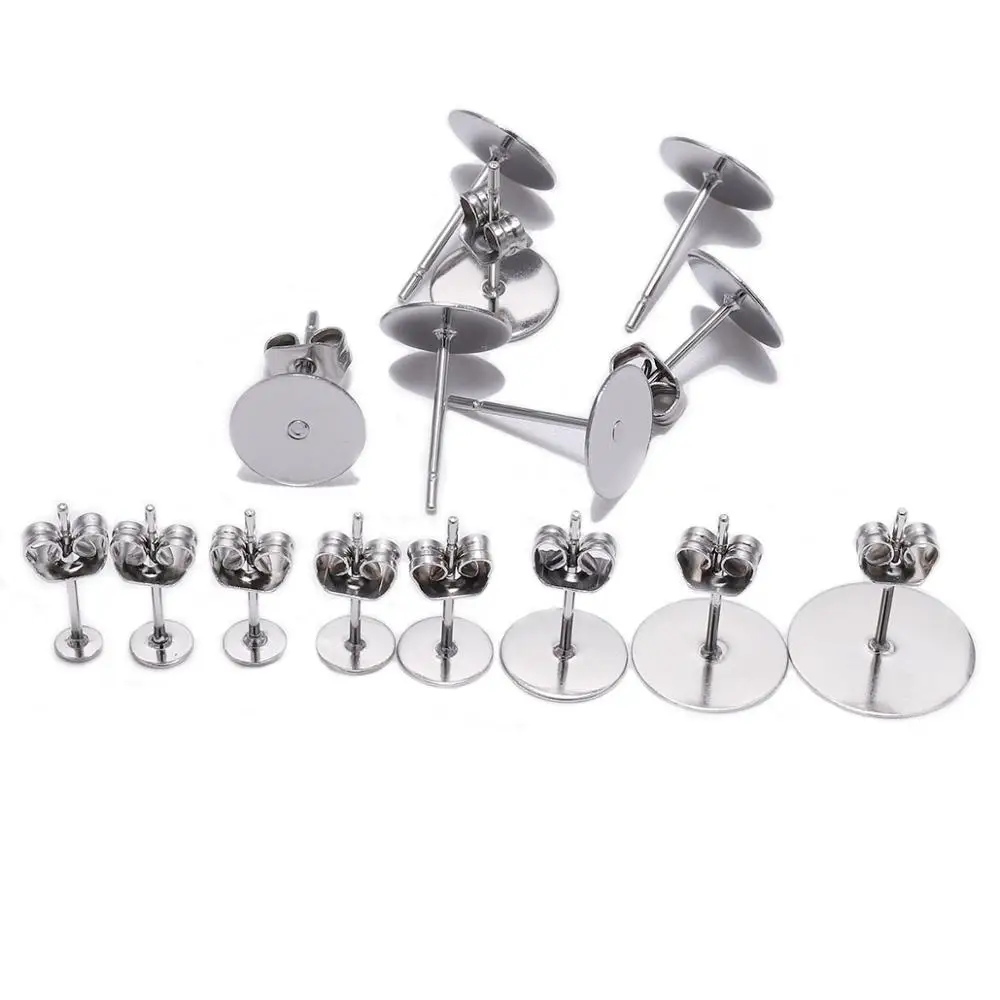 100pcs/lot Stainless Steel Blank Post Earring Studs Base Pins With Plug Ear Back For DIY Jewelry Making Cabochon Bracket - купить по