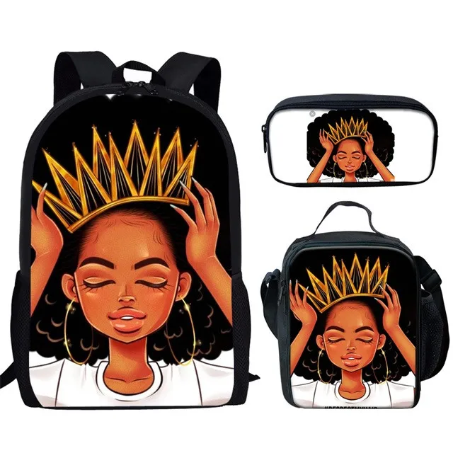 

African Style Black Girl Afro Lady 3pcs Set Backpack Middle Student School Bag New Design School Bag Children Kids