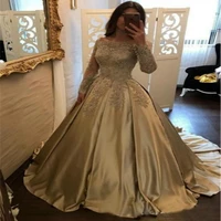 arabic gold wedding dresses ball gown long sleeves silk satin wedding dress boat neck appliques turkey bridal gowns robe mariee