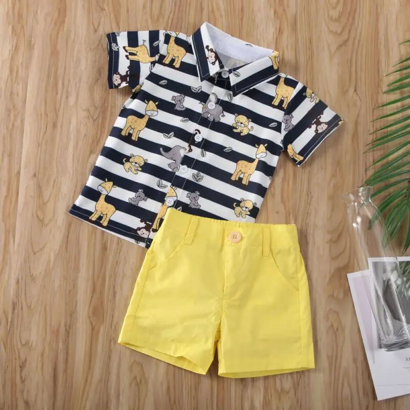 2PCS Kid Baby Boy Animal Print Tops Short Sleeve T shirt+Solid Pants Set Summer Gentleman Clothes |