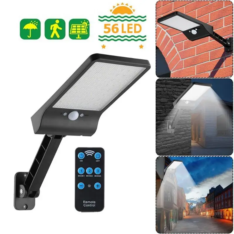 

56LED Solar Motion Sensor Wall Light Outdoor Street Lamp with Remote Control Waterproof Garden Street Lamp Adjustable Brightness