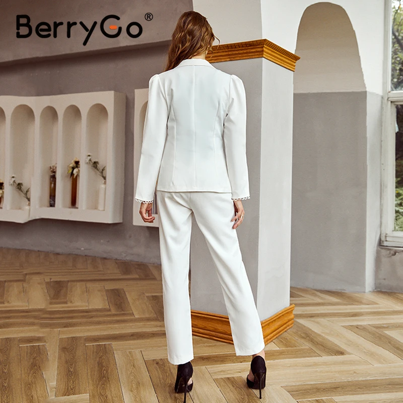

BerryGo Office lady white autumn winter female blazer suits Elegant puff sleeve blazer sets Fashion lace up split pant sets