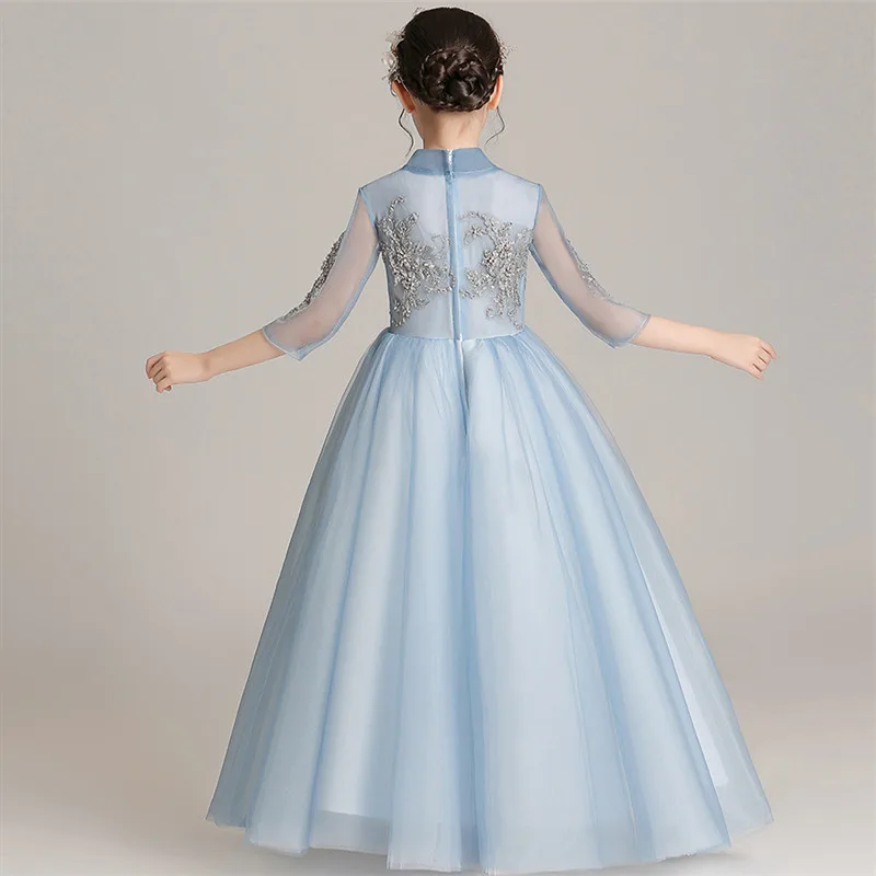 

3~14Y Girls Children Sweet Blue Color Half-Sleeves Princess Fluffy Long Dress For Holiday Party Kids Teens Communication Dresses