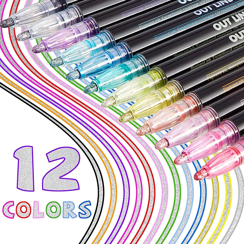 

12Pcs Outline Paint Marker Pen Double Line Pen Metal Marker Glitter Diy Album Scrapbooking for Drawing Painting Doodling