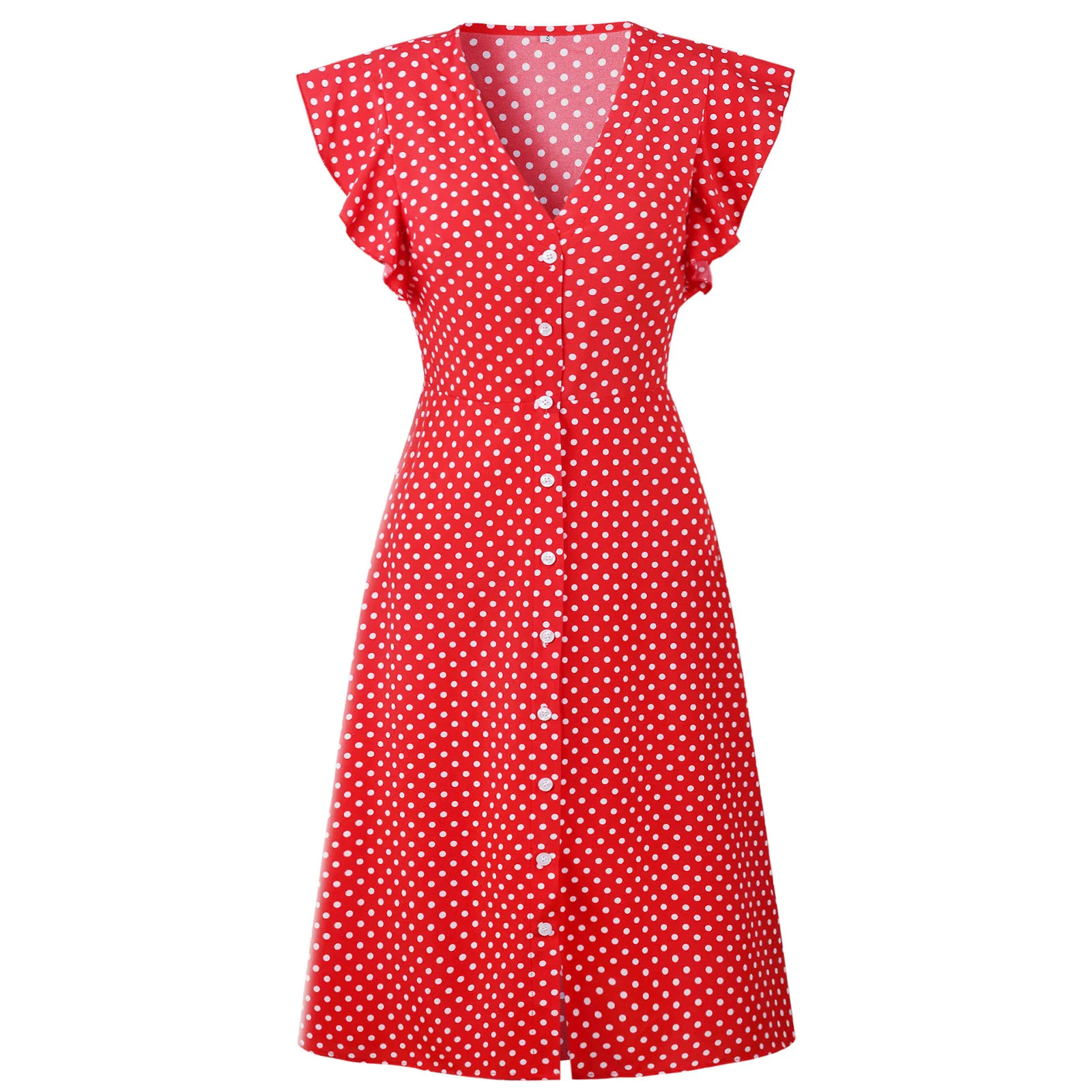 

Ruffles Summer Women Dress Bohemian Polka Dots Sleeveless V-neck Mid-length Dresses With Pockets High Waist Party Dress Vestidos