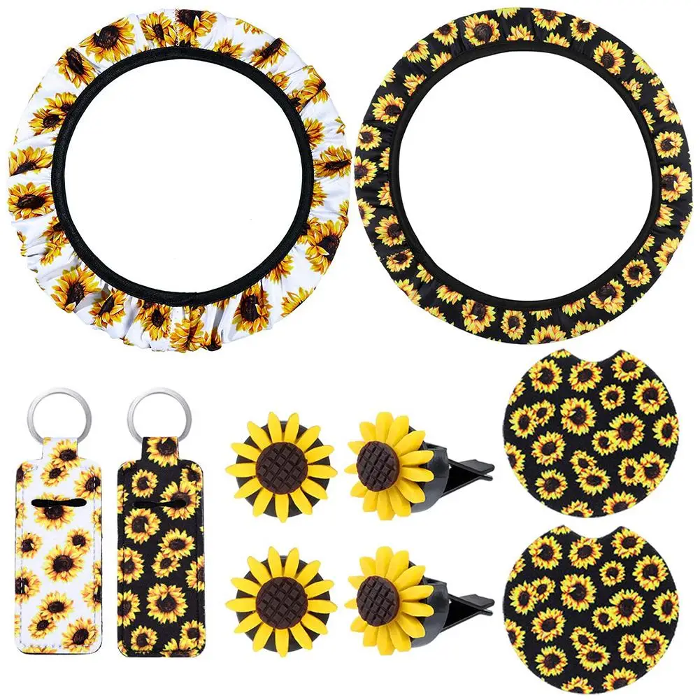 

10 Pieces Sunflower Auto Accessories With 2 Steering Wheel Covers 2 Keyrings 2 Car Cup Holder Coaster 4 Car Vent Clips
