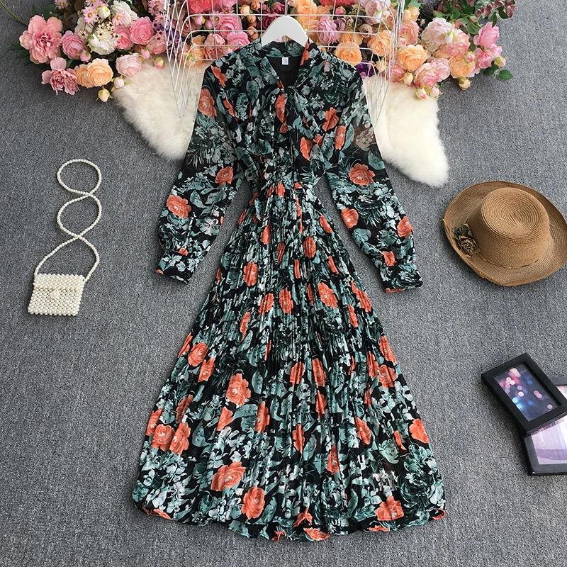 Женское платье с длинным рукавом и принтом v образный вырез бант пышные рукава