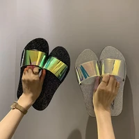summer slippers female sequins new net red laser students korean fashion flat bottom outer wear fashionable sandals and slippers