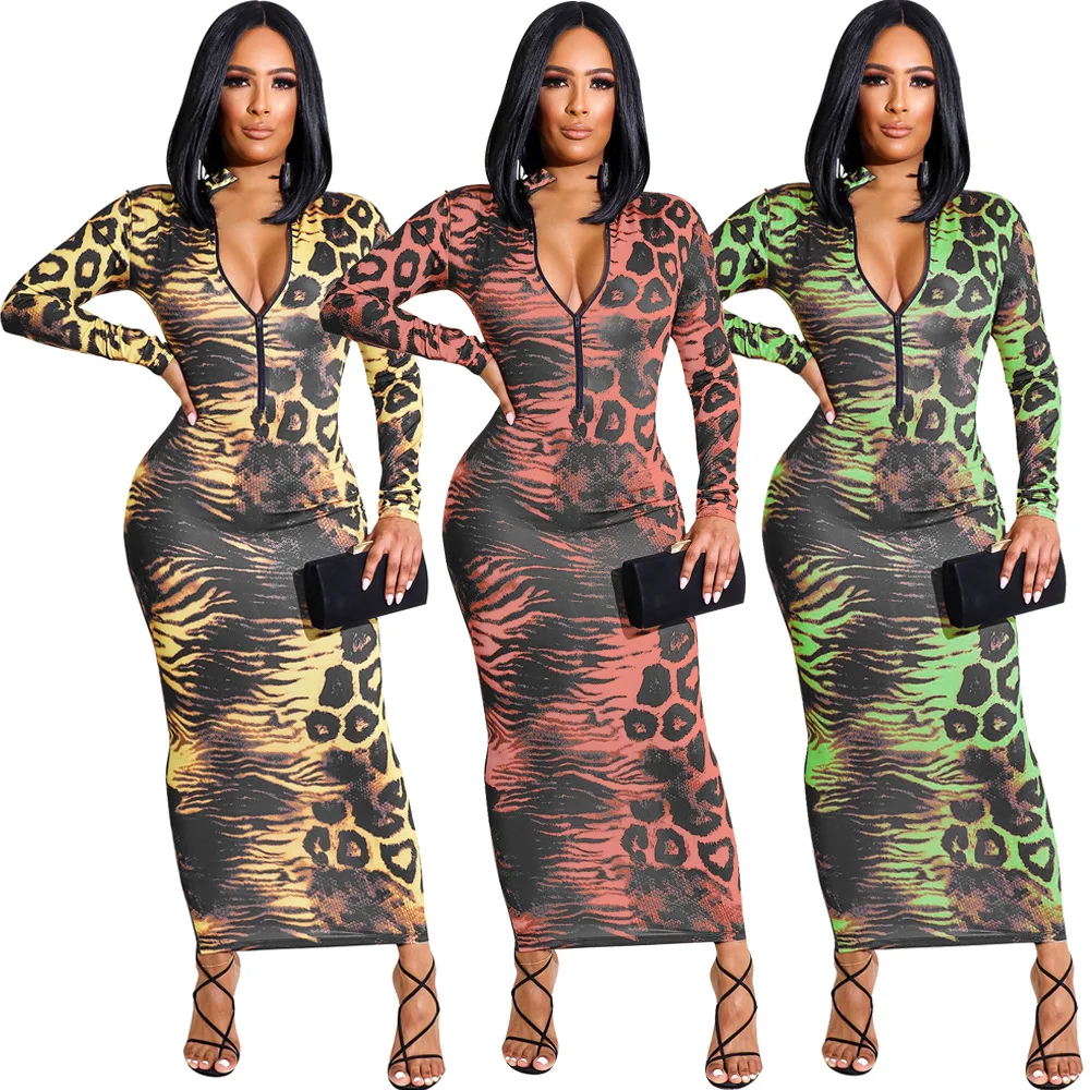 

New Arrival Printed Leopard Zipper Long Sleeves Women Sexy Bodycon Party Dresses S-XXL