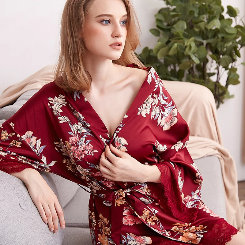 New High-End Style Dressing Gown Women Casual Home Pajamas Ladies Dressing Gown Kimono Printed Silk Soft Silky Bathrobe
