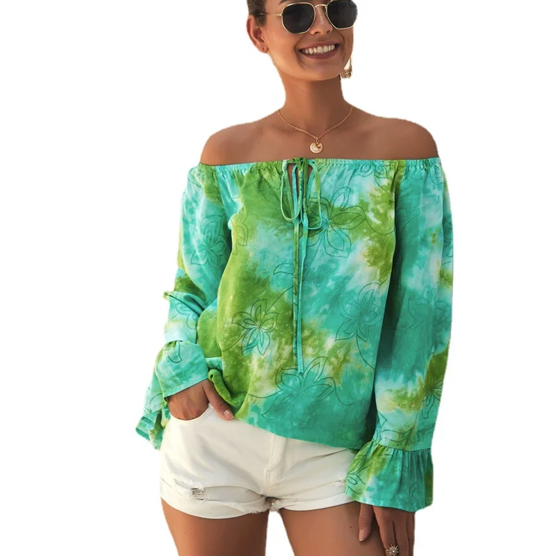 

Loose T Shirt Print Tie Dye Off Shoulder Summer Spring Bohemian Christmas Beach Outing Camisetas Blusas Feminina Verao 2021