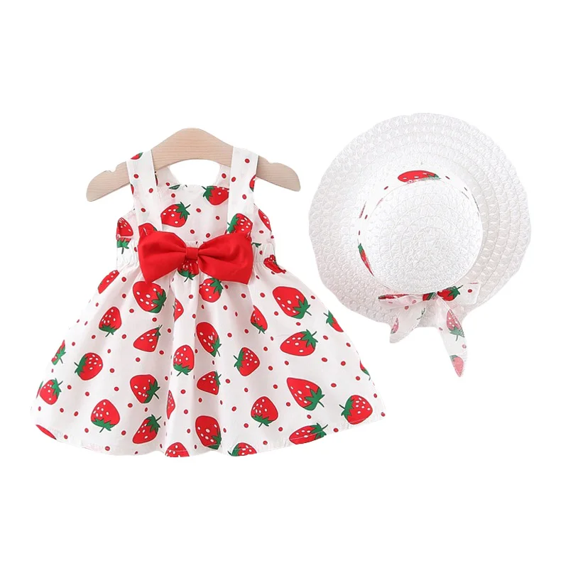 

Newborn Girl Bow Dress Printed Strawberry Beach Costume For Girl Birthday Year Dress Baby Clothes Princess Dress+Sunhat 2Pcs