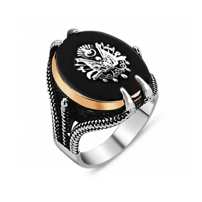 

Silverlina Silver Black Stone Eagle Claw Ottoman State Coat Of Arms Men 'S Ring
