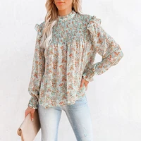 women floral print long sleeve blouses 2021 summer casual round neck crimped office lady loose sweet ruffles chiffon blouses top