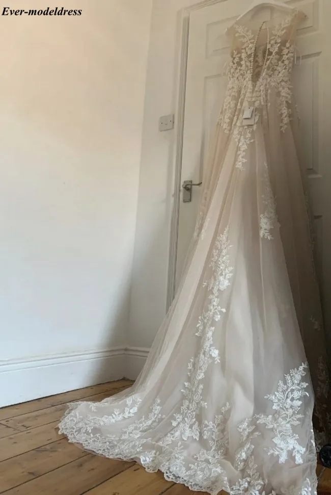 Vestido De Noiva, кружевные свадебные платья, аппликации из бисера, иллюзия, топ, кнопка сзади, шлейф, свадебные платья Boho Robe De Mariee