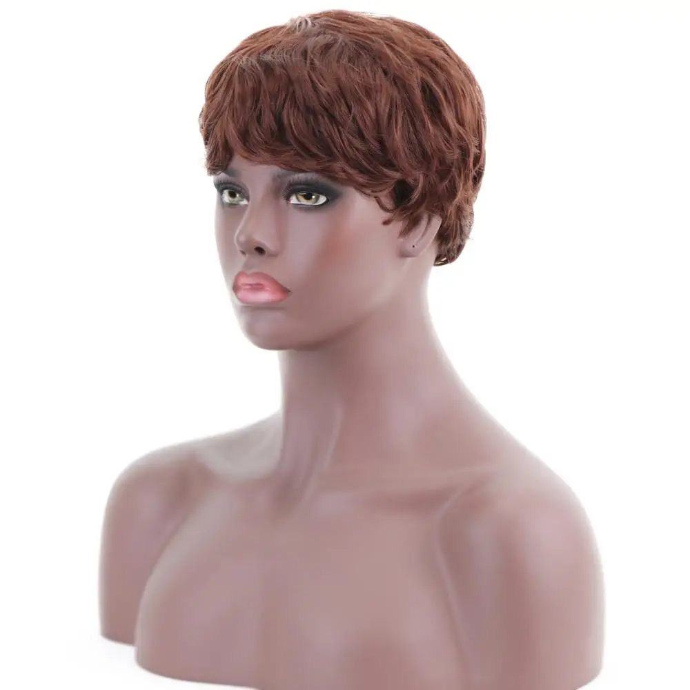 Free Beauty 11'' Short Body Wave Brown Auburn Chestnut Dark Roots Synthetic Wig with Bangs for Women Cosplay Party Daily Make Up |