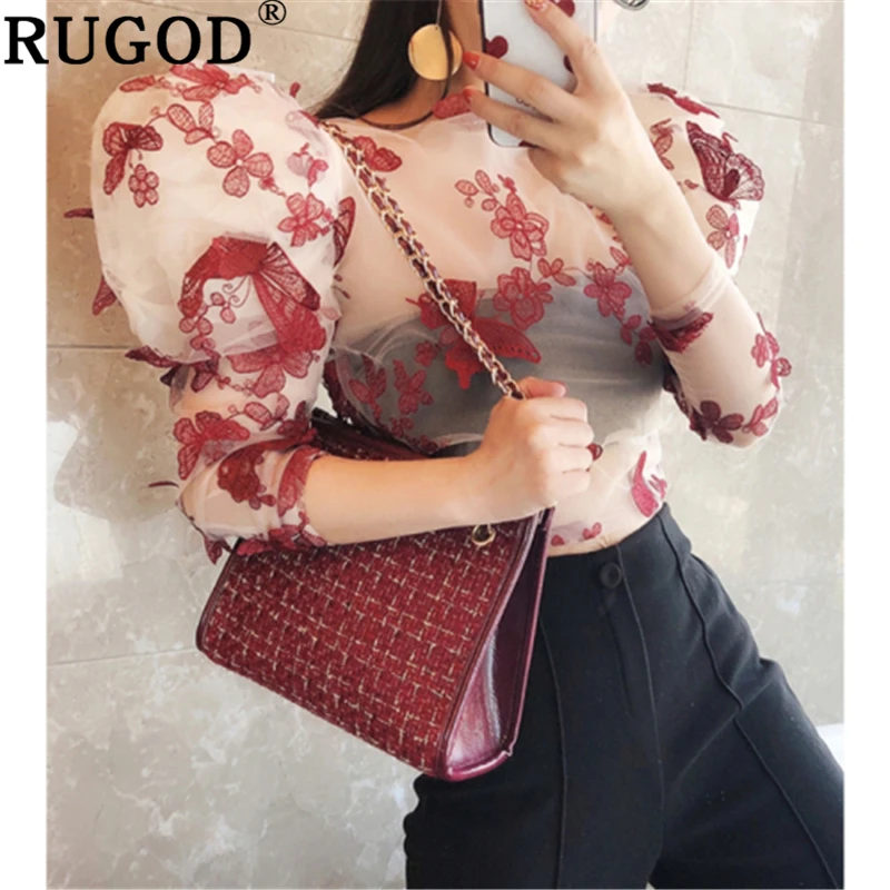 RUGOD элегантная женская блузка с кружевным плетением модная пышными рукавами