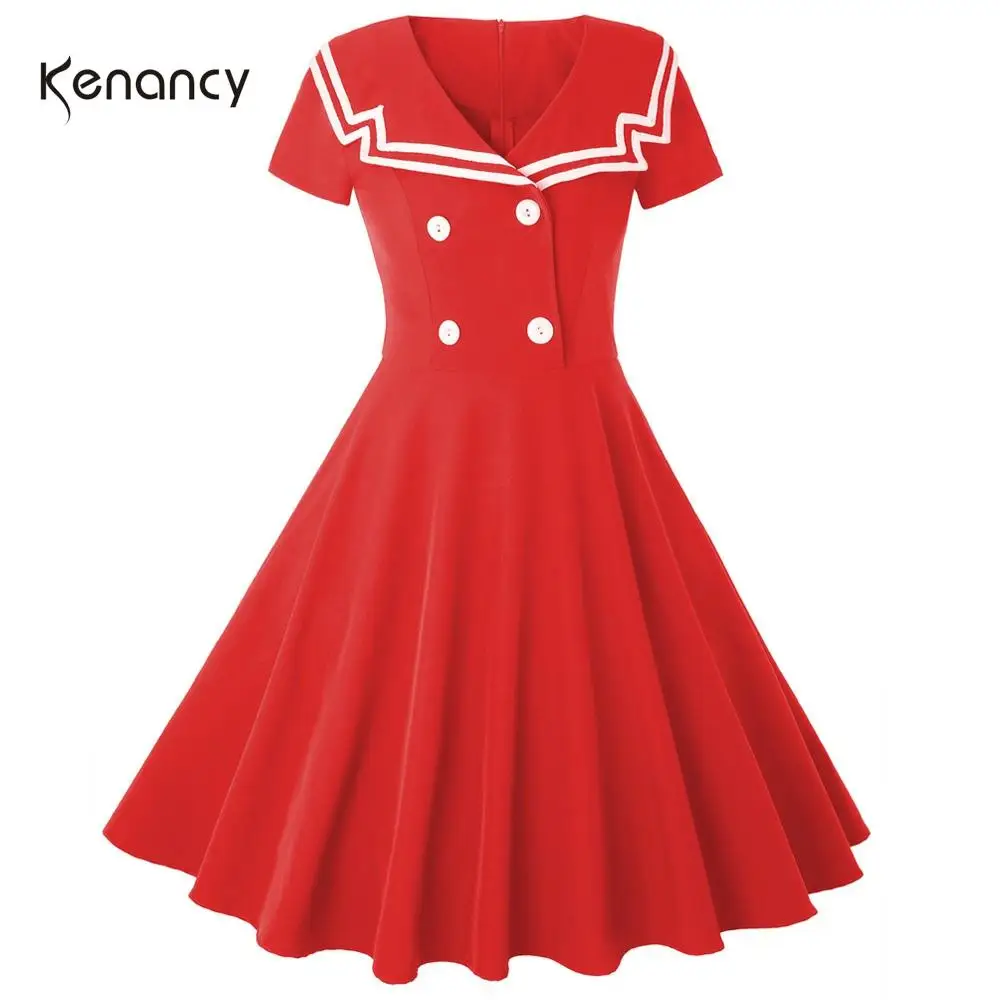 Kenancy V Sailor Воротник четыре кнопки лоскутное женское винтажное платье качели