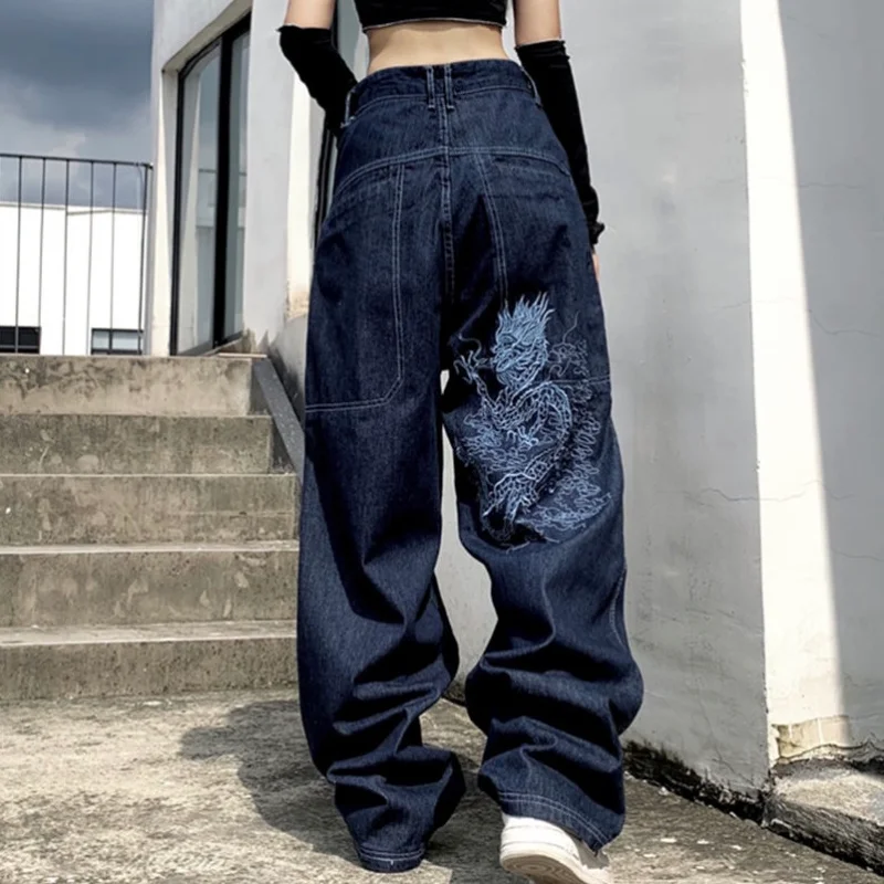 

2021 American Retro Street Loose Embroidered Straight-leg Jeans New Casual All-match High-waist Mopping Wide-leg Trousers