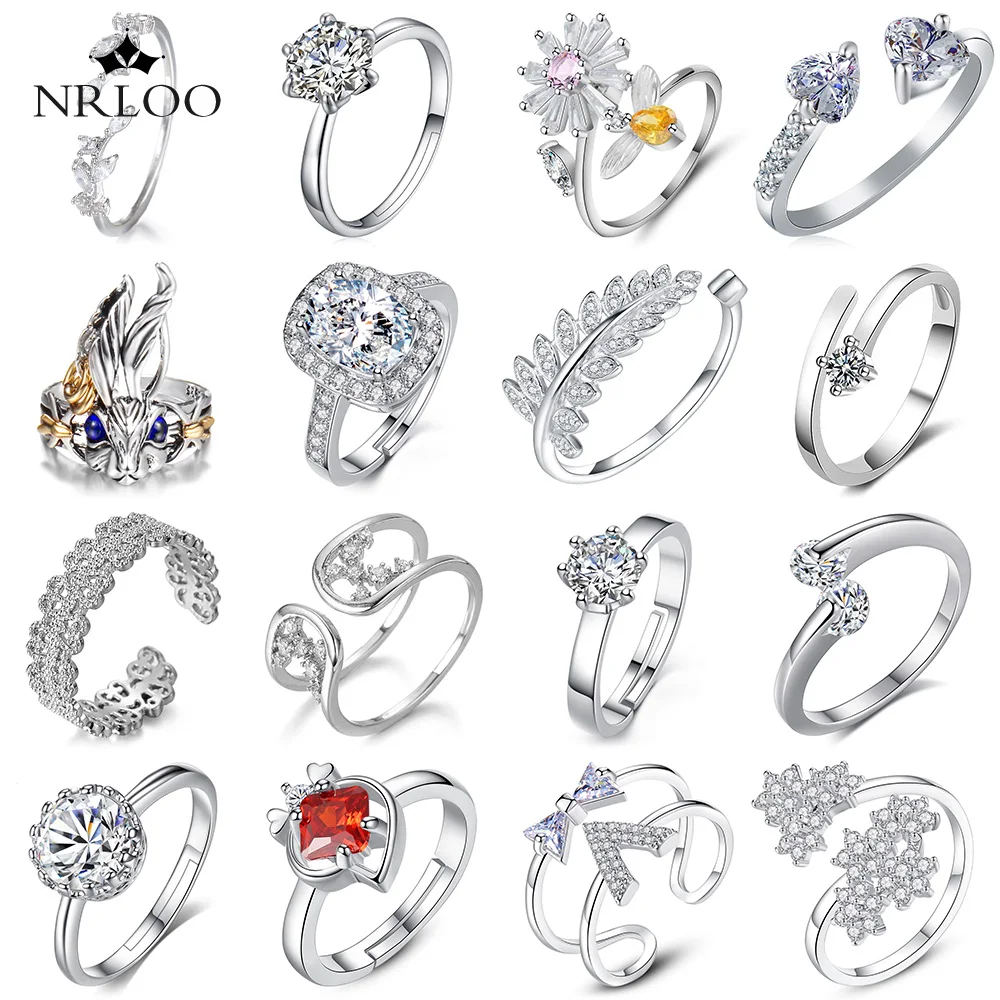

Classic Wedding Silver Adjustable Rings For Women White Zircon Elegant Engagement Jewelry Party Birthday Open Finger Ring Gifts