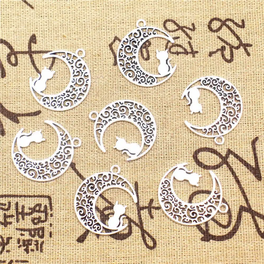 Подвески и ожерелья 25x30 мм в виде кота Луны антикварного серебра 5 шт. | Украшения