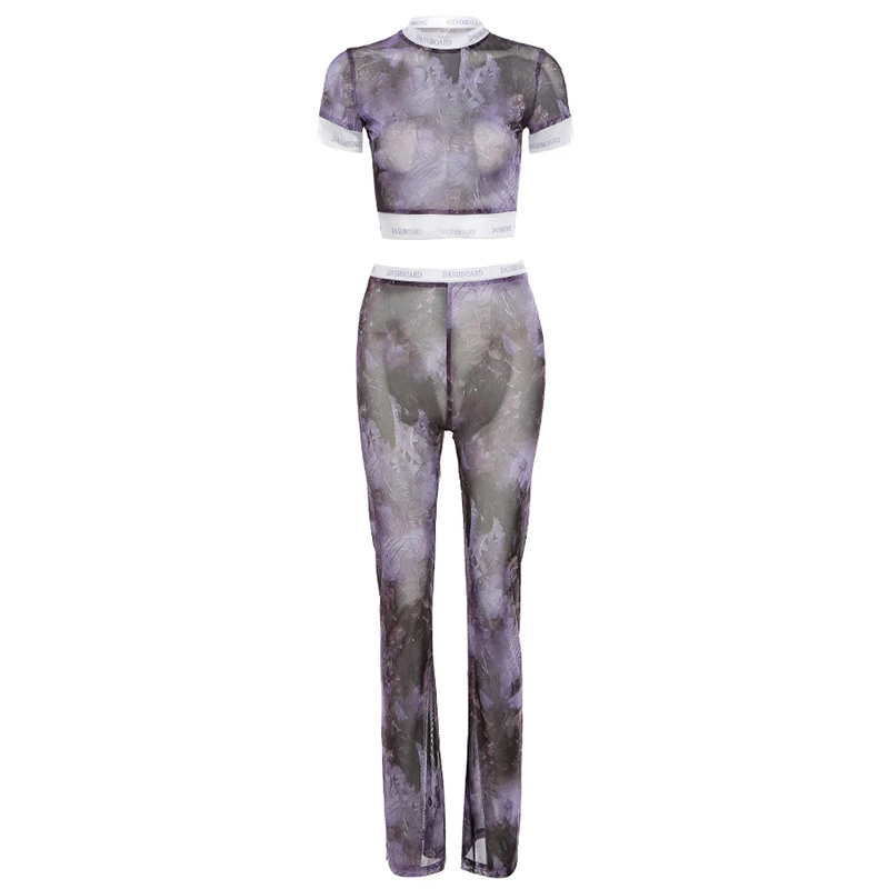 

Adogirl Fashion Print Sheer Mesh Women Sexy Two Piece Set Letter Patchwork Short Sleeve Crop Top Pencil Pants Casual Suits