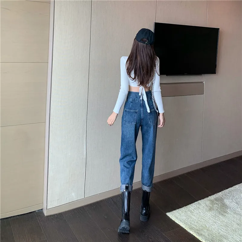 

High Waist Labeling Jeans Women's Harem Retro Slimming Daddy Baggy Cropped Pants Spring Trend Wear