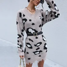 Vestido holgado de punto para mujer, ropa informal con estampado de leopardo, suéter con cuello en V, manga larga, para año nuevo, moda de invierno (3)