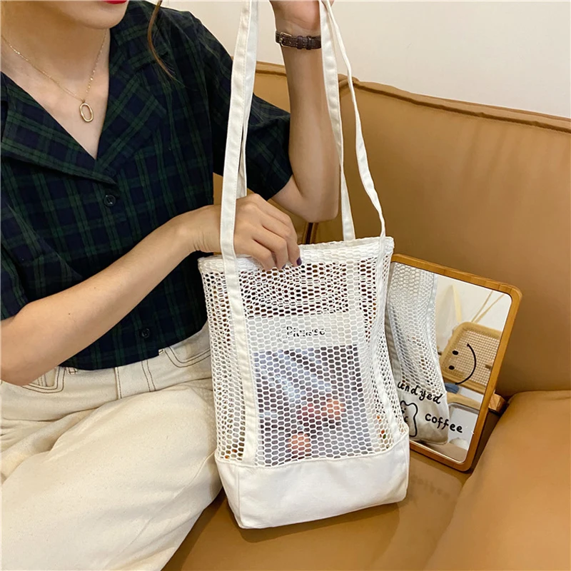 

Beach Bag Canvas Shoulder Bags Mesh Net Handbag Crossbody Bag Lady Messenger Totes For Women