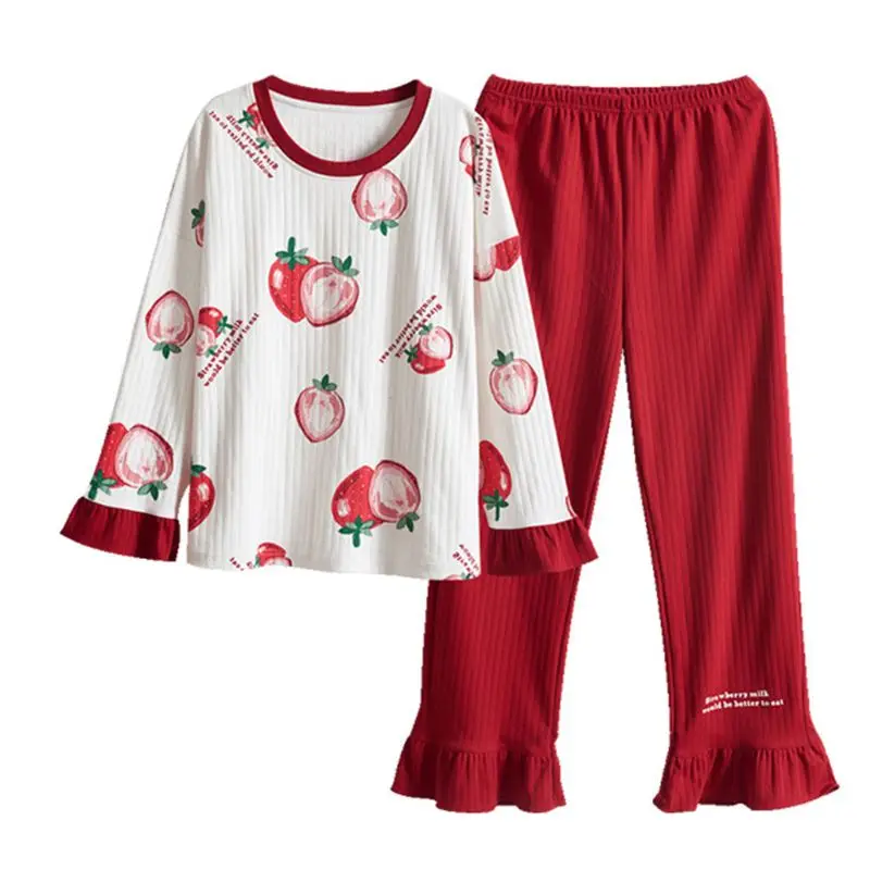 

Women Plus Size Long Sleeve Pajamas Set Color Block Fruit Sleepwear Loungewear X3UE
