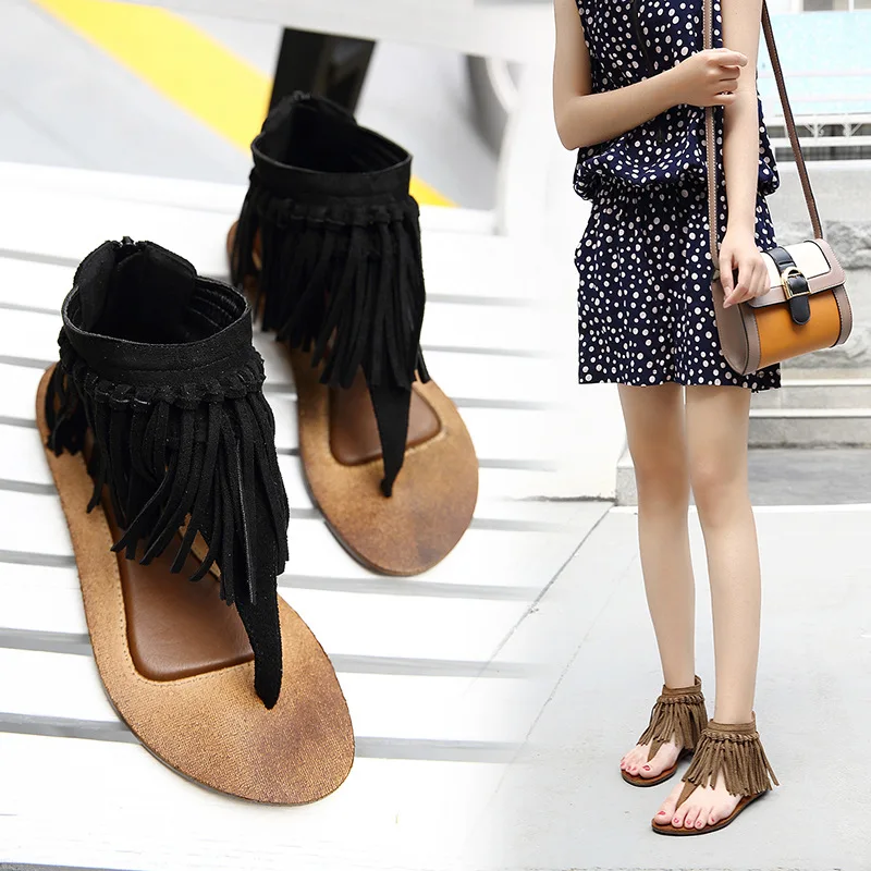 

Clip toe flat sandals tassel clip foot Roman women's shoes