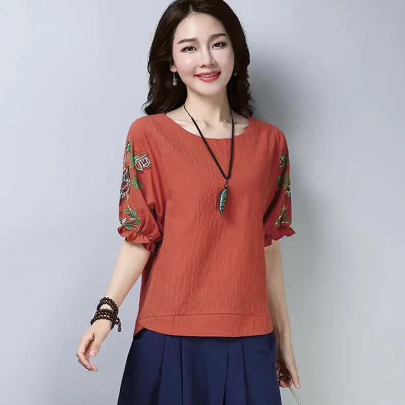 Orange Short sleeve Блузка размера плюс женская с коротким рукавом с пышными рукавами Топ Женская хлопковая льняная рубашка свободная повседневная с вышивкой и круглым вырезом - Цвет: Orange Short sleeve