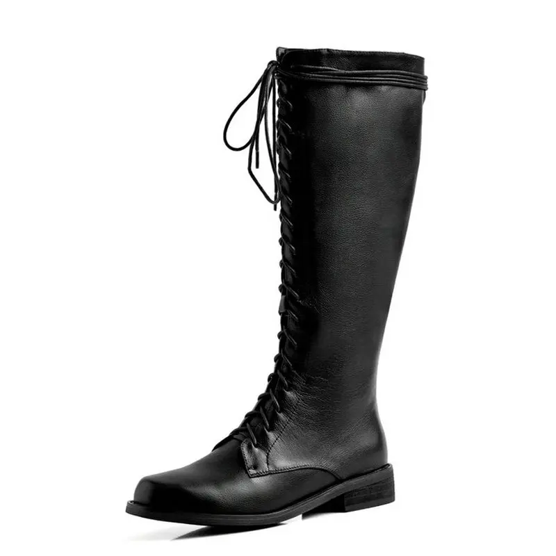 

Genuine Leather Thick High Heels Platform Knee Boots Woman Lace Up Women Boots Autumn Winter Fashion Motorcycle Shoes