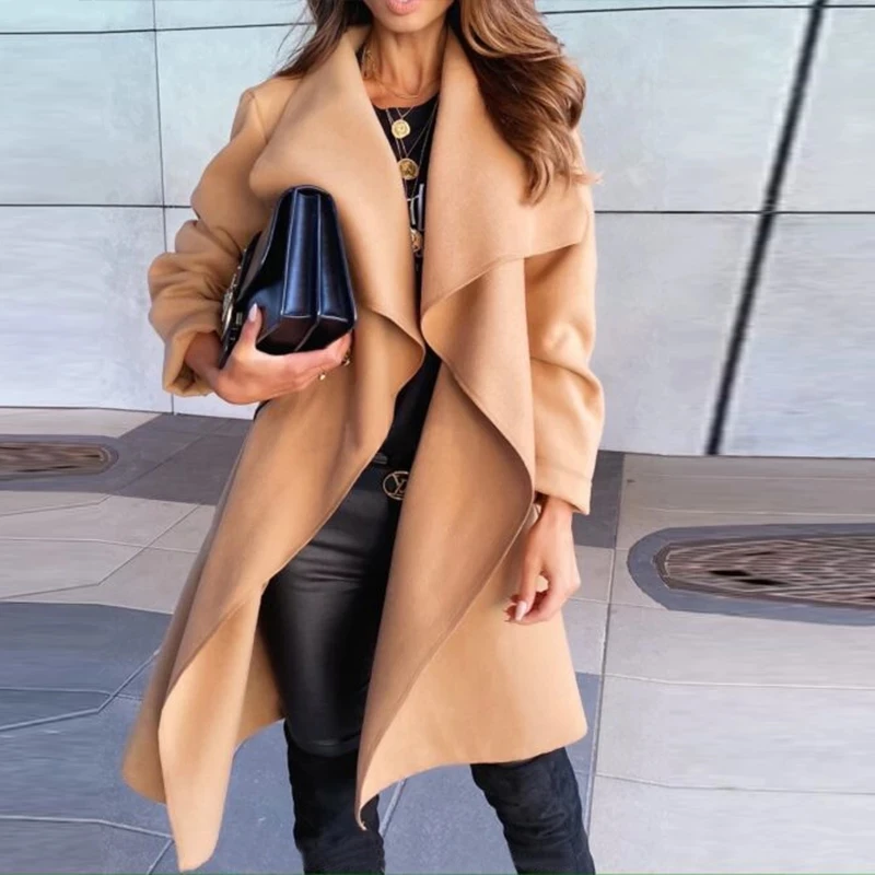 

Женский шерстяной кардиган с поясом, Повседневный Кардиган в стиле High Street с длинными рукавами и отложным воротником, офисное пальто на шнур...