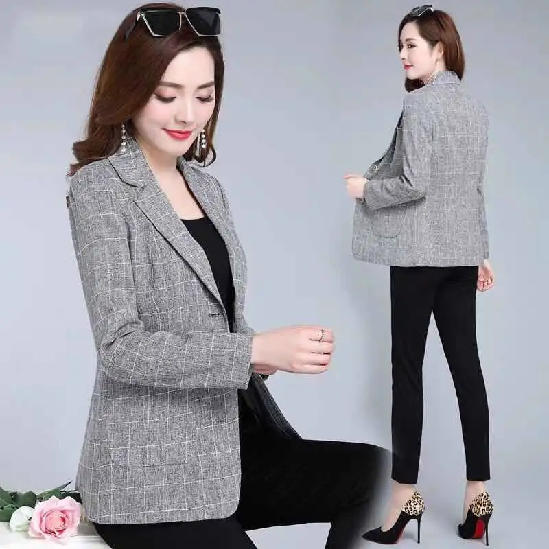 Женский однобортный Блейзер розовый черный серый клетчатый пиджак осенний