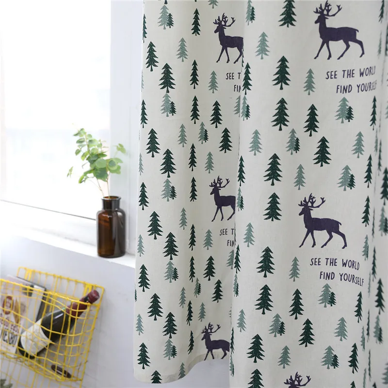 

Tree Animal Cartoon Print Curtain Green White Semi-shading Drapes Cotton Linen Living Room Balcony Home Decor Window Treatments